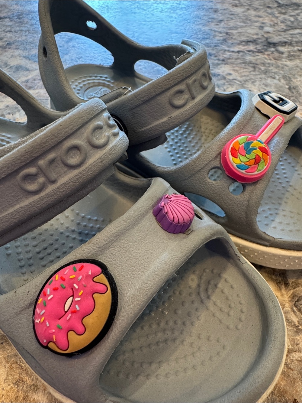 CROCS Kids' Gray Hook-and-Loop Sandals with Charms Size 8 - Picture 7 of 8